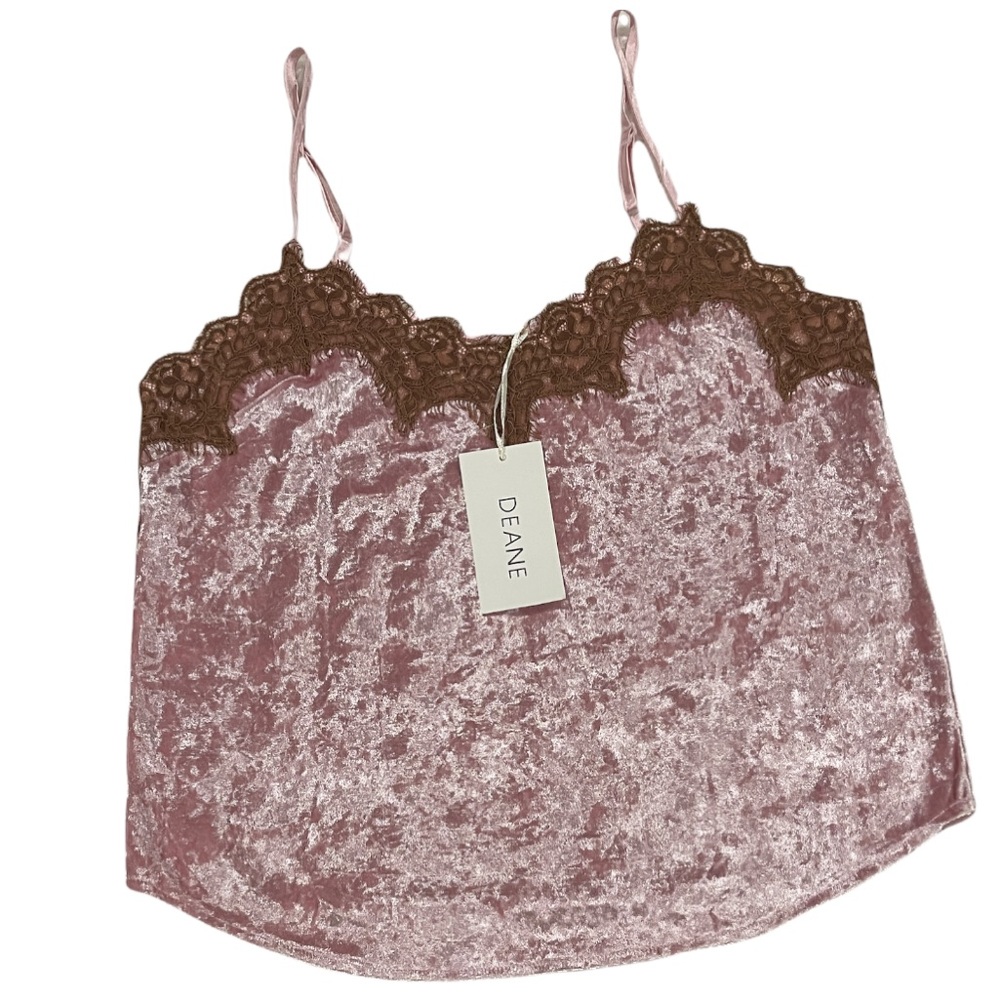 DEANE Pink Velvet Crop Top with Bronze Lace Detail Size Medium New with Tags.